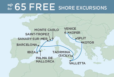 Cruises Around The World Regent Seven Seas Explorer Map MONTE CARLO TO VENICE July 20 August 3 2028 - 14 Days