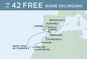 Cruises Around The World Regent Seven Seas Explorer Map August 25 September 4 2028 - 10 Days LISBON TO BARCELONA