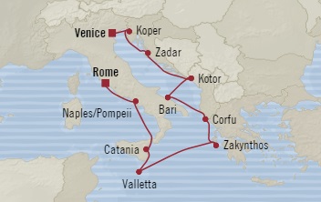 Cruises Around The World Oceania Marina November 1-11 2028 Venice, Italy to Civitavecchia, Italy