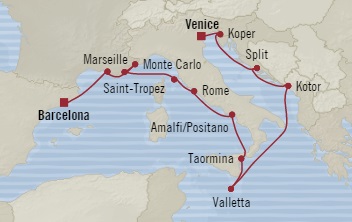 Cruises Around The World Oceania Sirena April 27 May 11 2028 Barcelona, Spain to Venice, Italy