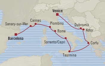 Cruises Around The World Oceania Sirena September 8-20 2028 Venice, Italy to Barcelona, Spain