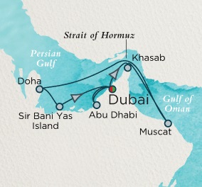 Cruises Around The World Crystal Endeavor Cruise Map Detail Dubai, United Arab Emirates to Dubai, United Arab Emirates December 23 2028 January 3 2026- 11 Days