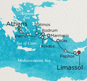 Cruises Around The World Crystal Endeavor Cruise Map Detail Athens (Piraeus), Greece to Limassol, Cyprus November 6-13 2028 - 7 Days