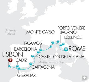 Cruises Around The World Mediterranean Medley Map Rome, Florence, Barcelona...legendary capitals of art and architecture explored on a journey revealing the beauty of coastal Spain
