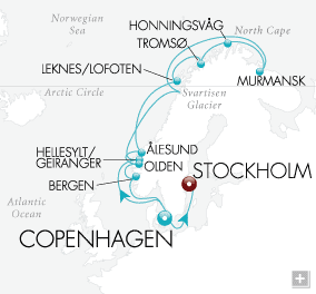Cruises Around The World North Cape and Beyond Map Journey to the North Cape Plateau to discover the breathtaking scenery of Lapland, where reindeer run wild.