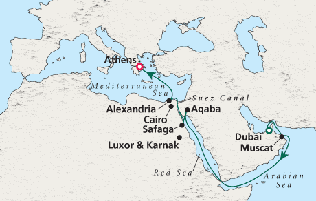 Cruises Around the World Map Dubai to Athens - Voyage 0210