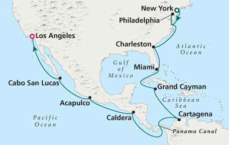 Cruises Around the World Map New York to Los Angeles - Voyage 0226