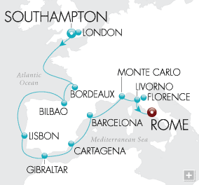 Cruises Around The World Western Europe's Colorful Coasts Map Wine, fashion, art...famed vintages of Bordeaux, boutiques in Monte Carlo, contemporary design in Bilbao and ancient collections in Barcelona, Florence and Rome.