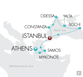 Cruises Around The World Bounties of the Black Sea Map Journey to Crimea to discover an ancient sea more iridescent blue than black, and beautiful lands where lavish mansions once welcomed Russia's most noble families.