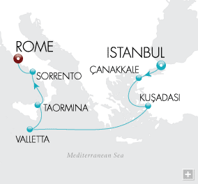 Cruises Around The World Empires of Art & Beauty Map Ottoman treasures ignite the imagination from the mosques of Istanbul and the ruins of Ephesus, while the stunning landscapes of Italy's Amalfi Coast instill a sense of serenity.