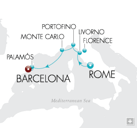Cruises Around The World Riviera Rendezvous Map A perfect jet-set holiday...the fountains of Rome, the art of Florence, the cosmopolitan elegance of Portofino and Monte Carlo, and the fabulous wonders of Barcelona.
