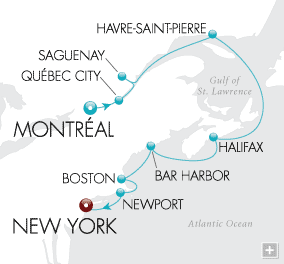 Cruises Around The World Cosmopolitan Coastal Map A journey of contrasts...from Montreal's fashionable boutiques to the birding sanctuaries of New Brunswick and the national parks of Maine to Manhattan's soaring skyline.