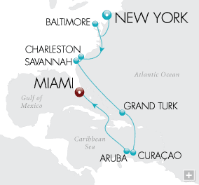Cruises Around The World America’s First Cities Map As the Manhattan skyline line fades on the horizon, set sail for the welcoming charm of the South, and onward to the warmth of the tropics and the buzz of South Beach.