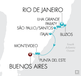 Cruises Around The World Tangos and Tapas Map The allure of Brazil's famous beaches, from Buzios to the Copacabana...the sultry mystique of Uruguay...and the rhythmic emotion of Argentina.