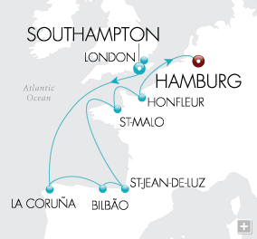 Cruises Around The World European Discoveries Map London to Hamburg - Voyage V2213
