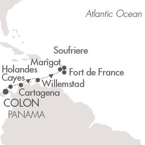 Cruises Around The World Ponant Yacht Le Boreal Cruise Map Detail Colon, Panama to Fort-de-France, Martinique April 7-14 2028 - 7 Days