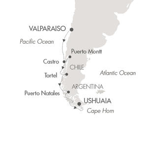 Cruises Around The World Ponant Yacht Le Boreal Cruise Map Detail Valparaíso, Chile to Ushuaia, Argentina November 2-15 2028 - 13 Days