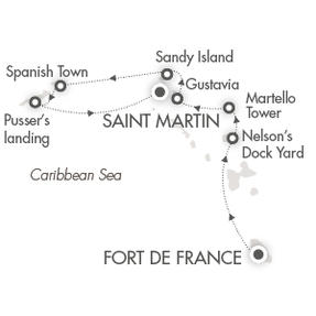 Cruises Around The World Ponant Yacht Le Ponant Cruise Map Detail Fort-de-France, Martinique to Marigot, Saint Martin February 7-14 2026 - 7 Days