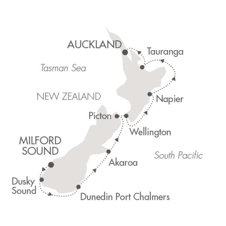 Cruises Around The World Ponant Yacht Le Soleal Cruise Map Detail Milford Sound, New Zealand to Auckland, New Zealand January 31 February 9 2028 - 9 Days