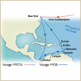 Cruises Around The World Map - Southampton to New York