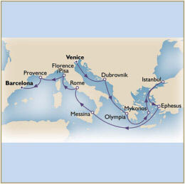 Cruises Around The World Map Cunard Queen Victoria QV 2026 Venice to Barcelona
