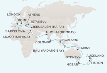 Cruises Around The World MAP - Regent Seven Seas Voyager World Cruises 2028