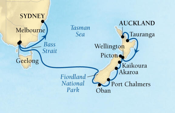 Cruises Around The World Seabourn Encore Cruise Map Detail Auckland, New Zealand to Sydney, Australia February 18 March 6 2026 - 16 Days - Voyage 7716