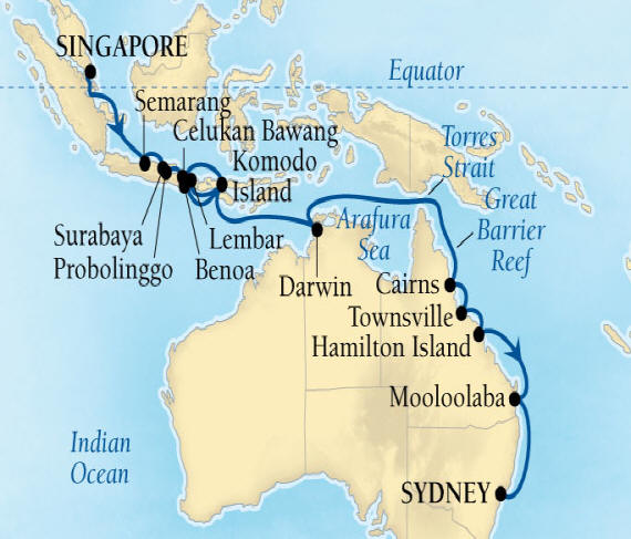 Cruises Around The World Seabourn Encore Cruise Map Detail Singapore to Sydney, Australia January 7 February 2 2026 - 26 Days - Voyage 7710A