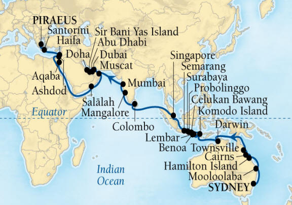 Cruises Around The World Seabourn Encore Cruise Map Detail Sydney, Australia to Piraeus (Athens), Greece March 6 May 5 2026 - 60 Days - Voyage 7720C