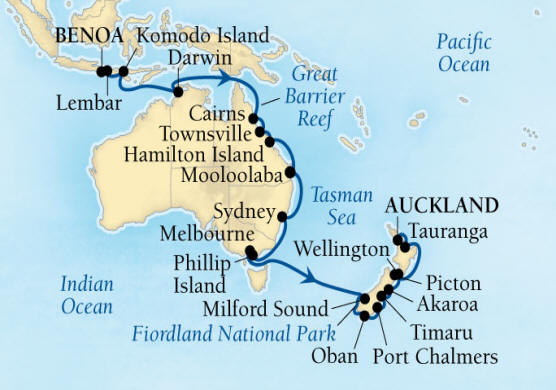 Cruises Around The World Seabourn Encore Cruise Map Detail Benoa (Denpasar), Bali, Indonesia to Auckland, New Zealand January 17 February 18 2026 - 32 Days - Voyage 7711A
