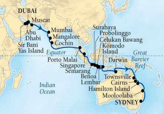 Cruises Around The World Seabourn Encore Cruise Map Detail Dubai, United Arab Emirates to Sydney, Australia December 20 2028 February 2 2026 - 44 Days - Voyage 7680B