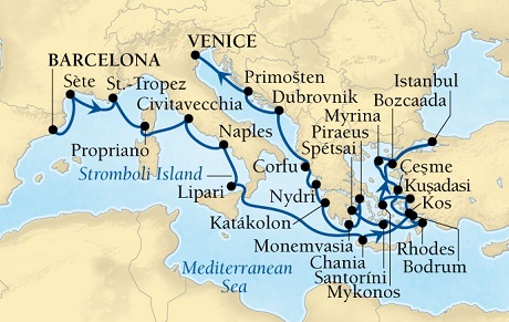 Cruises Around The World Seabourn Pursuit Cruise Map Detail Barcelona, Spain to Venice, Italy April 24 May 21 2028 - 27 Days - Voyage 4622B