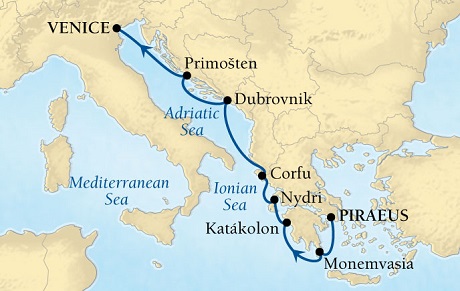 Cruises Around The World Seabourn Pursuit Cruise Map Detail Venice, Italy to Piraeus (Athens), Greece August 13-20 2028 - 7 Days - Voyage 4646