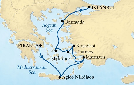 Cruises Around The World Seabourn Pursuit Cruise Map Detail Piraeus (Athens), Greece to Istanbul, Turkey August 20-27 2028 - 7 Days - Voyage 4650