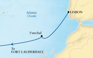 Cruises Around The World Seabourn Pursuit Cruise Map Detail Lisbon, Portugal to Fort Lauderdale, Florida, US December 7-19 2028 - 12 Days - Voyage 4676