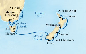 Cruises Around The World Seabourn Pursuit Cruise Map Detail Auckland, New Zealand to Sydney, Australia January 27 February 13 2028 - 17 Days - Voyage 4611