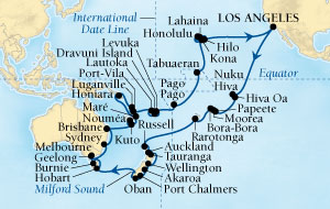Cruises Around The World Seabourn Pursuit Cruise Map Detail Los Angeles, California, US to Los Angeles, California, US January 4 March 21 2028 - 77 Days - Voyage 4610B