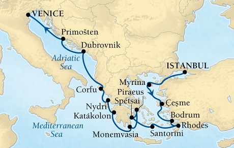 Cruises Around The World Seabourn Pursuit Cruise Map Detail Istanbul, Turkey to Venice, Italy June 4-18 2028 - 14 Days - Voyage 4630A