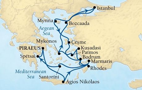 Cruises Around The World Seabourn Pursuit Cruise Map Detail Piraeus (Athens), Greece to Piraeus (Athens), Greece May 28 June 11 2028 - 14 Days - Voyage 4629A