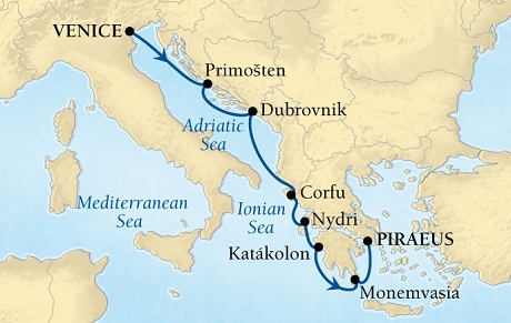 Cruises Around The World Seabourn Pursuit Cruise Map Detail Venice, Italy to Piraeus (Athens), Greece October 8-15 2028 - 7 Days - Voyage 4660