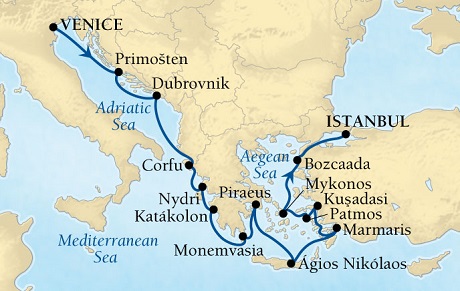 Cruises Around The World Seabourn Pursuit Cruise Map Detail Venice, Italy to Istanbul, Turkey September 10-24 2028 - 14 Days - Voyage 4653A