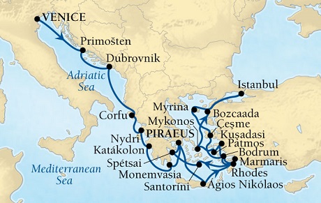 Cruises Around The World Seabourn Pursuit Cruise Map Detail Venice, Italy to Piraeus (Athens), Greece September 10 October 1 2028 - 21 Days - Voyage 4653B