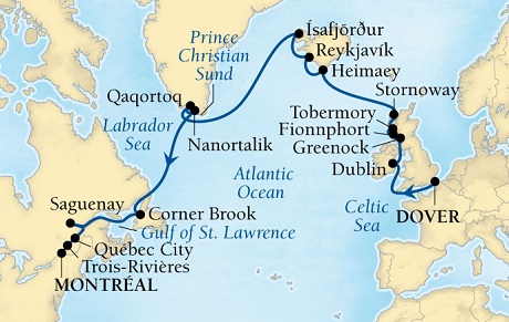 Cruises Around The World Seabourn Quest Cruise Map Detail Dover (London), England, UK to Montreal, Quebec, Canada August 20 September 11 2028 - 22 Days - Voyage 6644