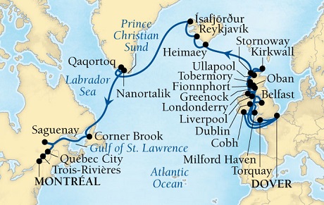 Cruises Around The World Seabourn Quest Cruise Map Detail Dover (London), England, UK to Montreal, Quebec, Canada August 4 September 11 2028 - 38 Days - Voyage 6639A