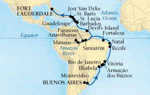 Cruises Around The World Seabourn Quest Cruise Map Detail Buenos Aires, Argentina to Fort Lauderdale, Florida, US February 24 March 30 2028 - 35 Days - Voyage 6614A