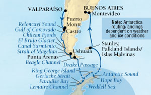 Cruises Around The World Seabourn Quest Cruise Map Detail Valparaiso (Santiago), Chile to Buenos Aires, Argentina February 3-24 2028 - 21 Days - Voyage 6611