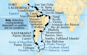 Cruises Around The World Seabourn Quest Cruise Map Detail Valparaiso (Santiago), Chile to Fort Lauderdale, Florida, US February 3 March 30 2028 - 56 Days - Voyage 6611B