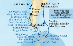 Cruises Around The World Seabourn Quest Cruise Map Detail Buenos Aires, Argentina to Valparaiso (Santiago), Chile January 13 February 3 2028 - 21 Days - Voyage 6610