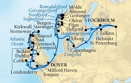 Cruises Around The World Seabourn Quest Cruise Map Detail Stockholm, Sweden to Dover (London), England, UK July 16 August 20 2028 - 35 Days - Voyage 6637B