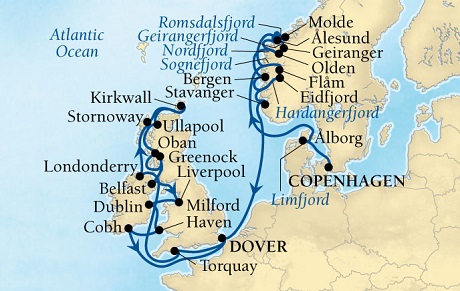 Cruises Around The World Seabourn Quest Cruise Map Detail Copenhagen, Denmark to Dover (London), England, UK July 23 August 20 2028 - 28 Days - Voyage 6638A
